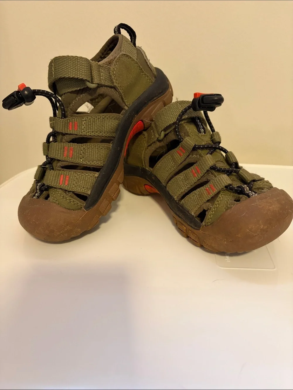 Keen Olive Green and Brown Kids Outdoor Sandals with Red Accents